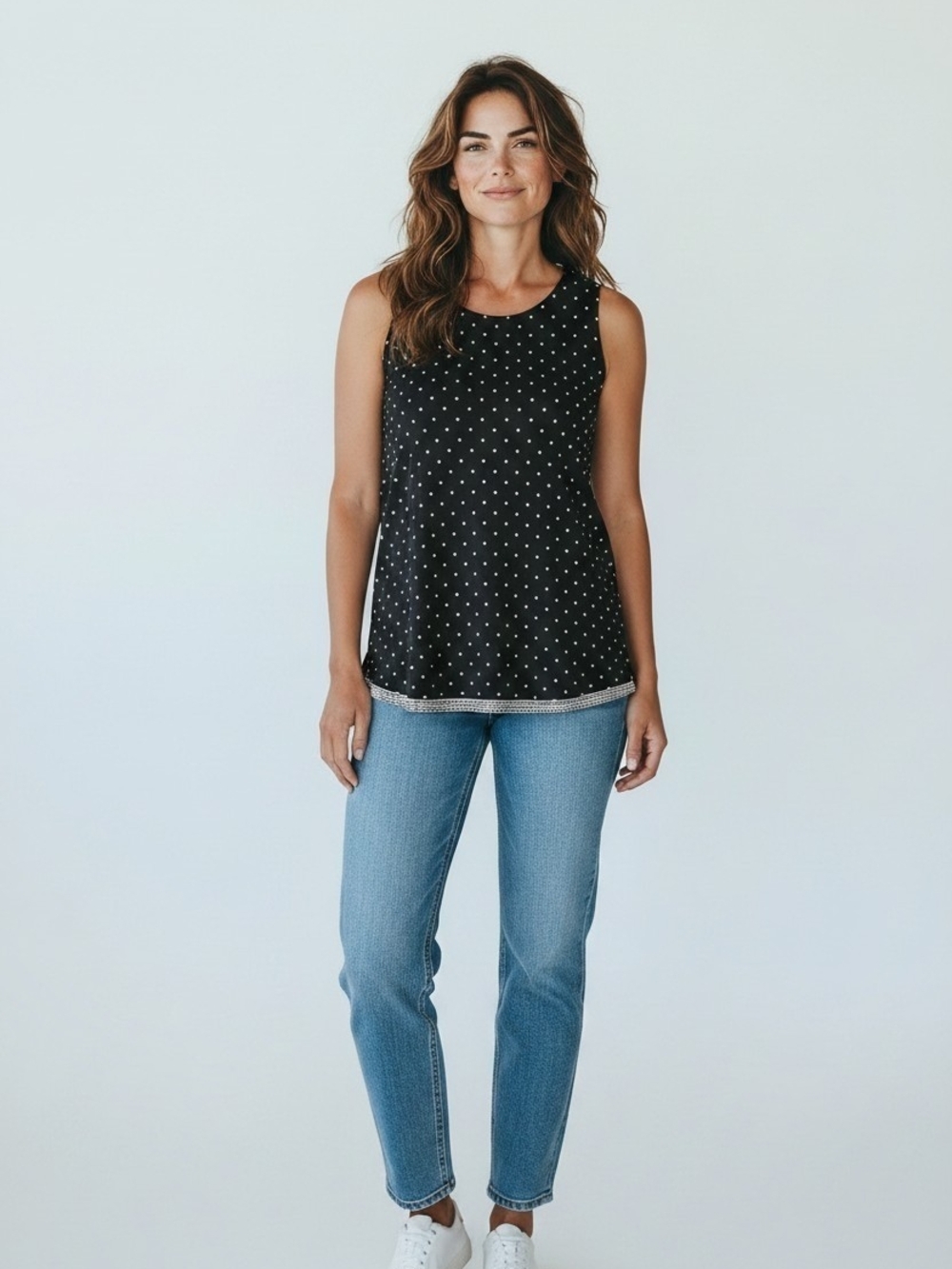 J. Jill Wearever Collection Black Tunic Tank Top with White Polka Dots